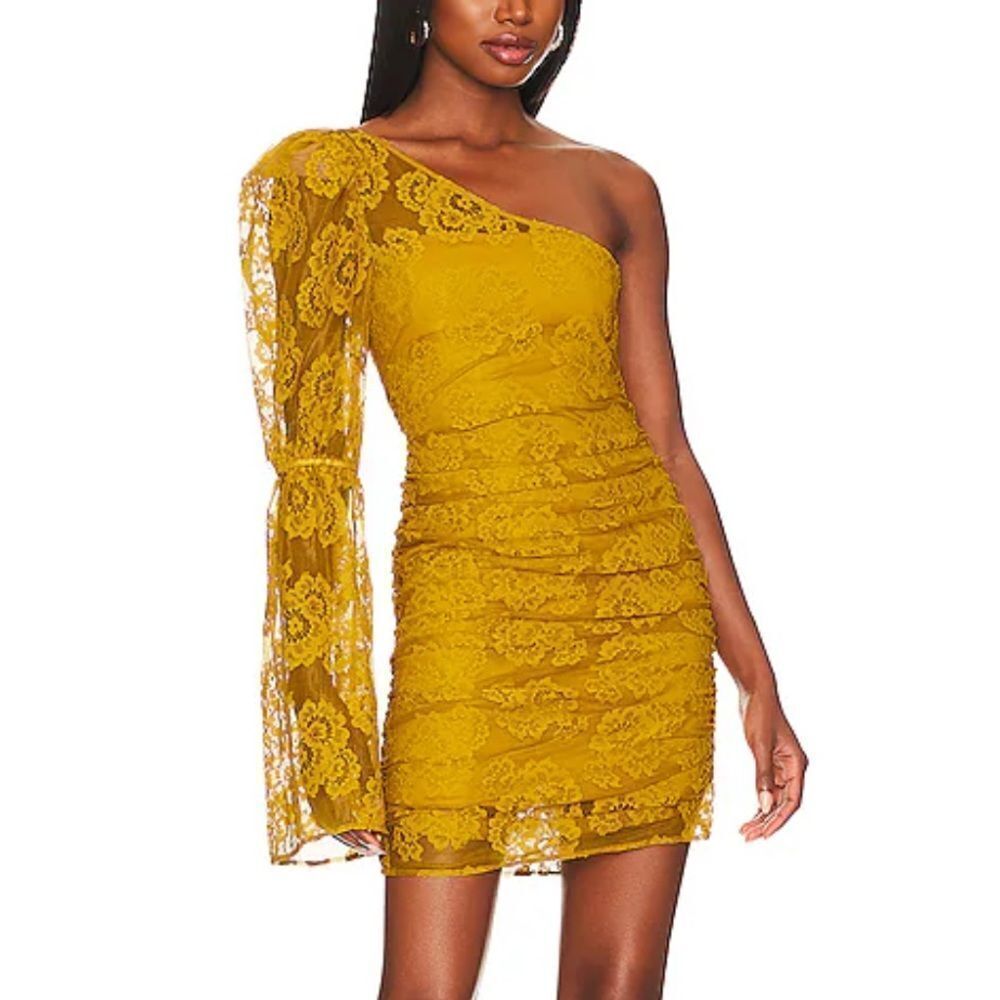 NWT For Love and Lemons Tiana Mini Dress Yellow lace one shoulder Revolve M